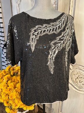 100% Pure Silk Vintage Black Sequin Embellished Women's Top